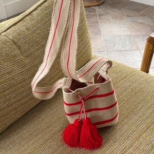 Elegant Red and Tan Crossbody Bag